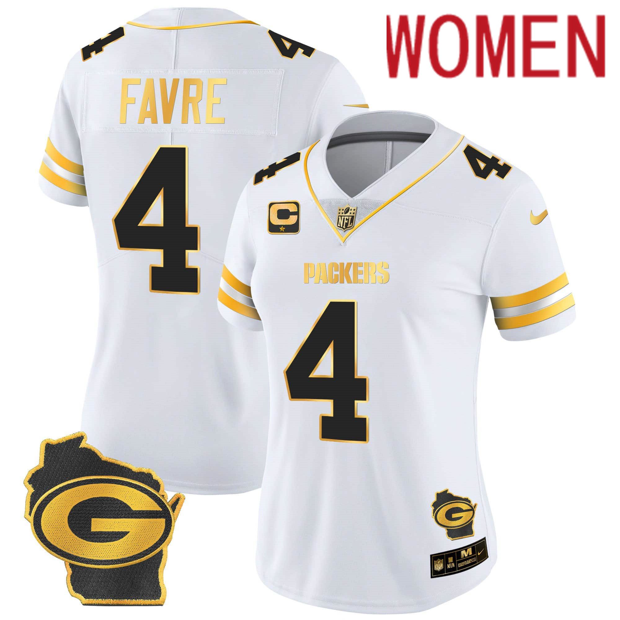 Women Green Bay Packers #4 Favre White Gold 2024 Nike Home Patch Vapor NFL Jersey